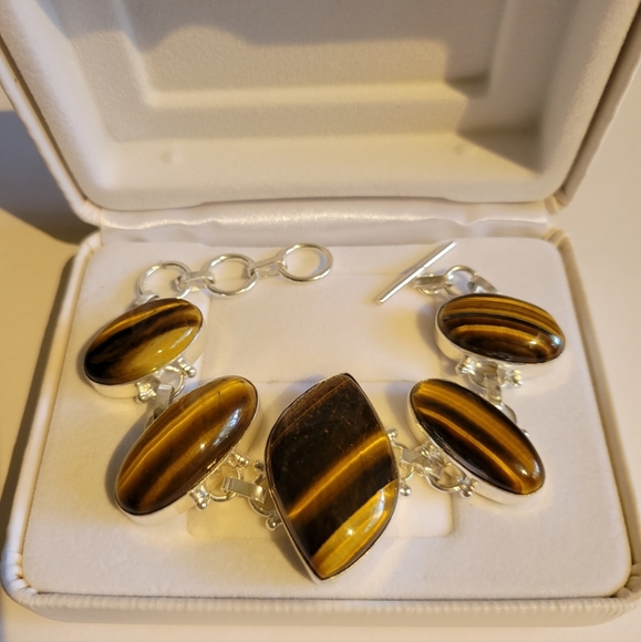 Natural Genuine Tiger's Eye 925 Silver Linked Bracelet - Picture 13 of 14